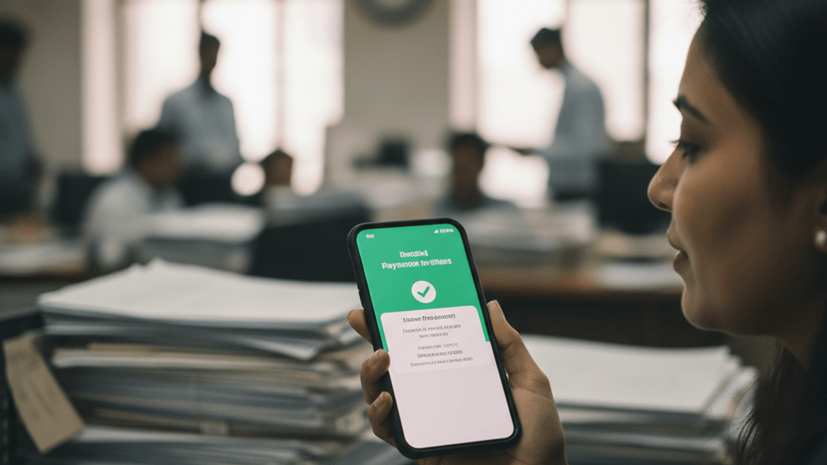 A woman in an office looks at her phone showing a successful digital payment, stacks of paper and colleagues visible in the background.