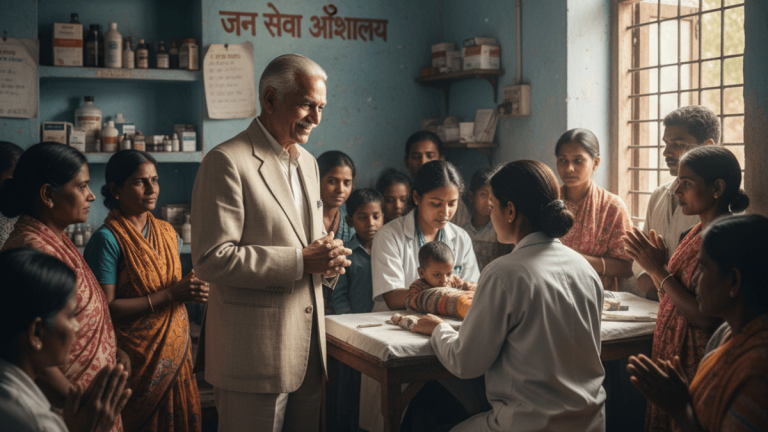 An older man in a suit smiles as he observes a female doctor attending to a baby in a bustling, modest community clinic in India.