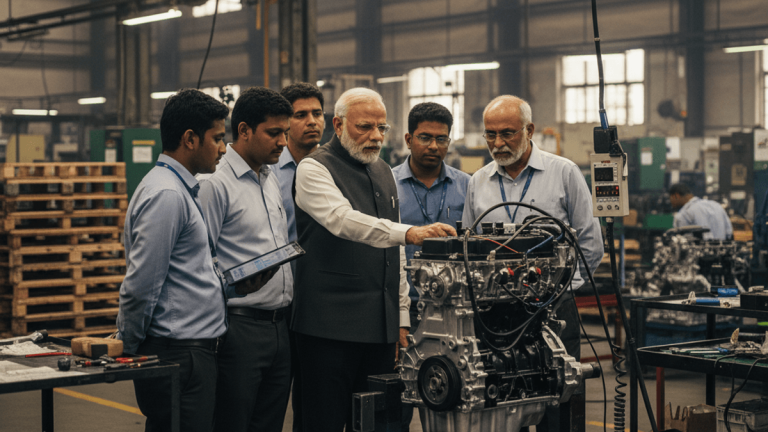 Prime Minister Narendra Modi, in a dark vest, points to an engine surrounded by factory workers.