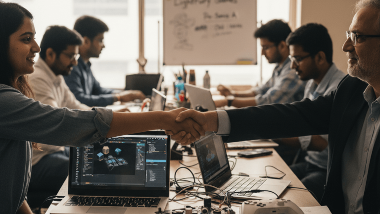A candid shot of a young Indian founder shaking hands with an older investor at a long table in a bustling startup office.