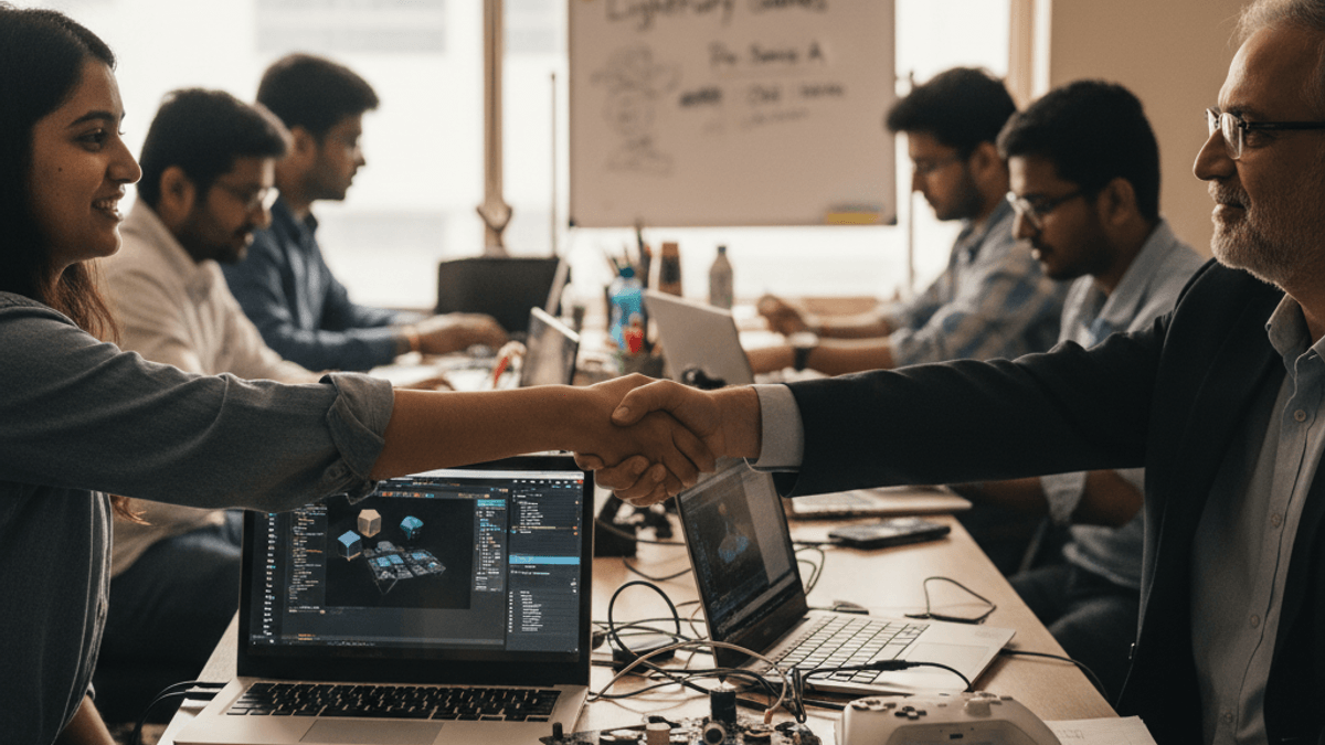 A candid shot of a young Indian founder shaking hands with an older investor at a long table in a bustling startup office.