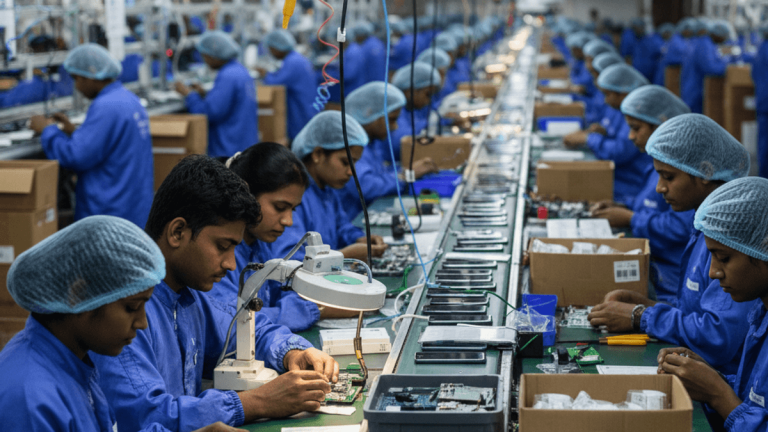 A wide shot of an Indian smartphone factory with workers in blue uniforms assembling electronic components.