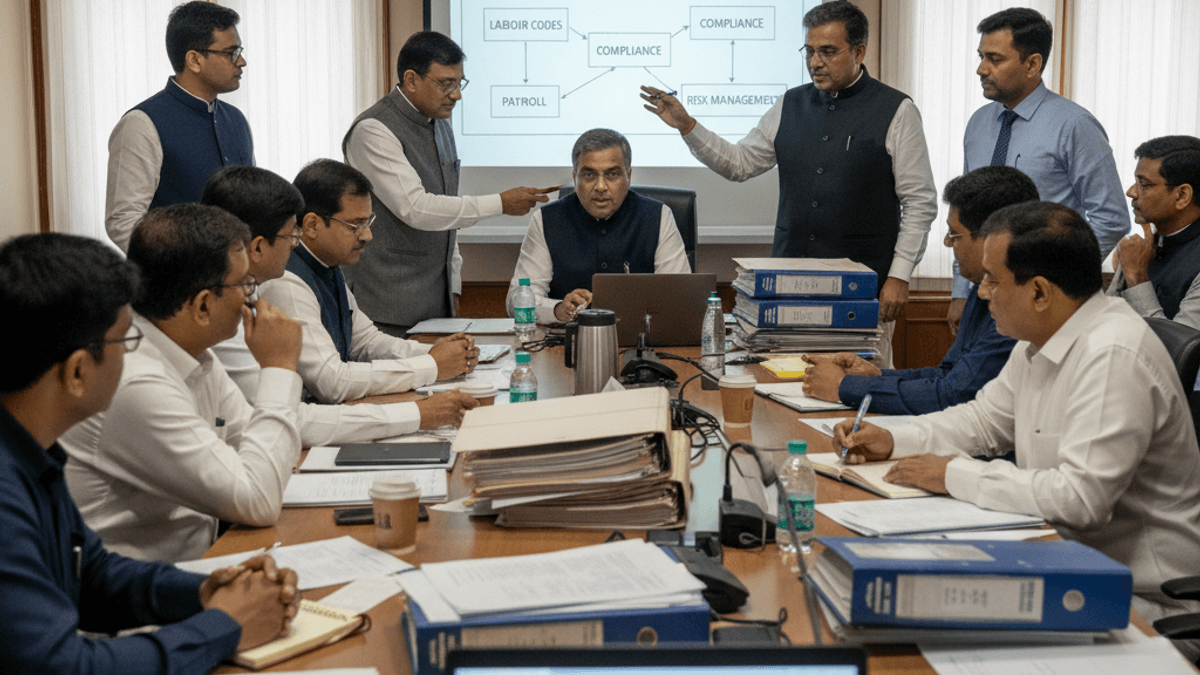 Indian government officials in a meeting room, intensely discussing the new wage framework projected on a screen.