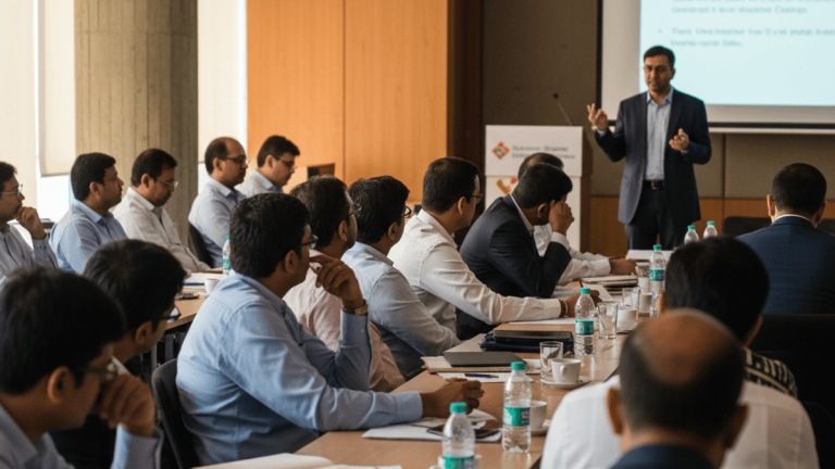 A man in a suit speaks at a podium to a room full of professionals seated at tables.
