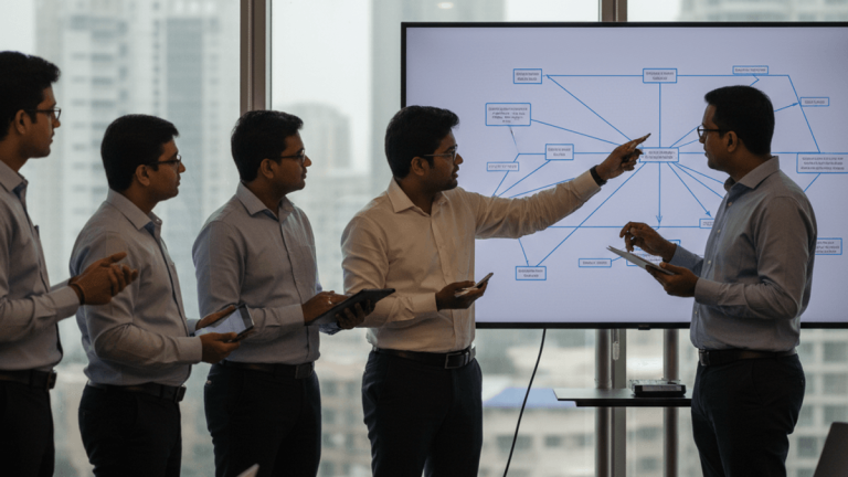 A group of professionals in an office, one pointing at a screen with a flowchart. Cityscape visible outside window.