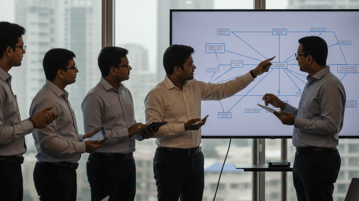A group of professionals in an office, one pointing at a screen with a flowchart. Cityscape visible outside window.