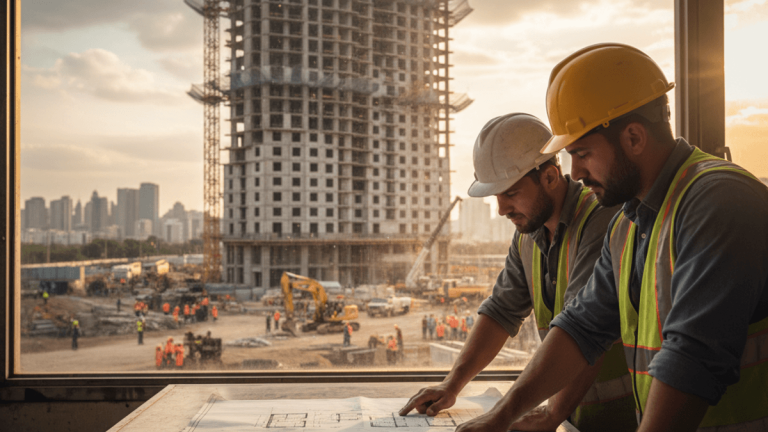 Two architects in hard hats review blueprints on a table, with a large building under construction and a city skyline visible through a window behind them.