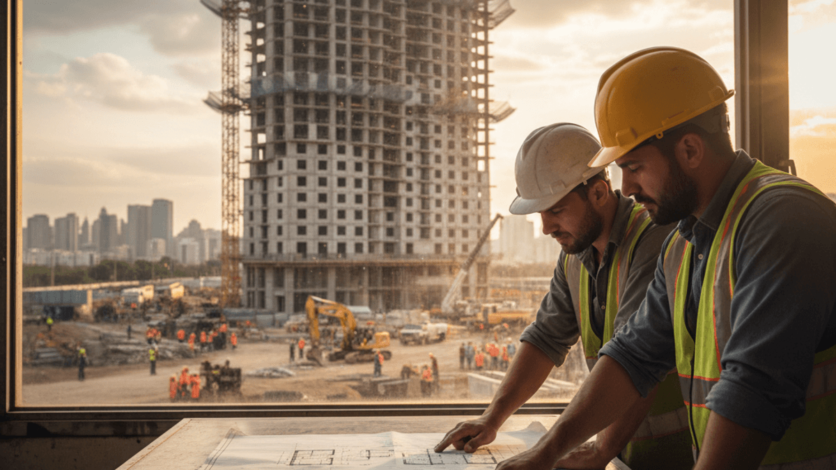 Two architects in hard hats review blueprints on a table, with a large building under construction and a city skyline visible through a window behind them.