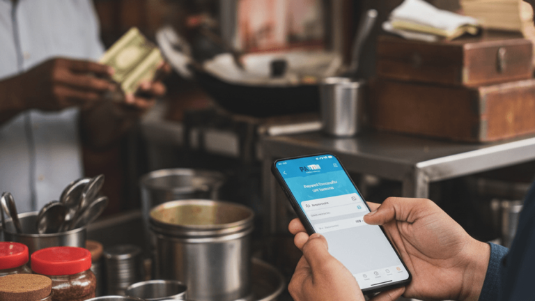 A man's hands hold a smartphone displaying a payment app, with a street vendor counting cash in the background.