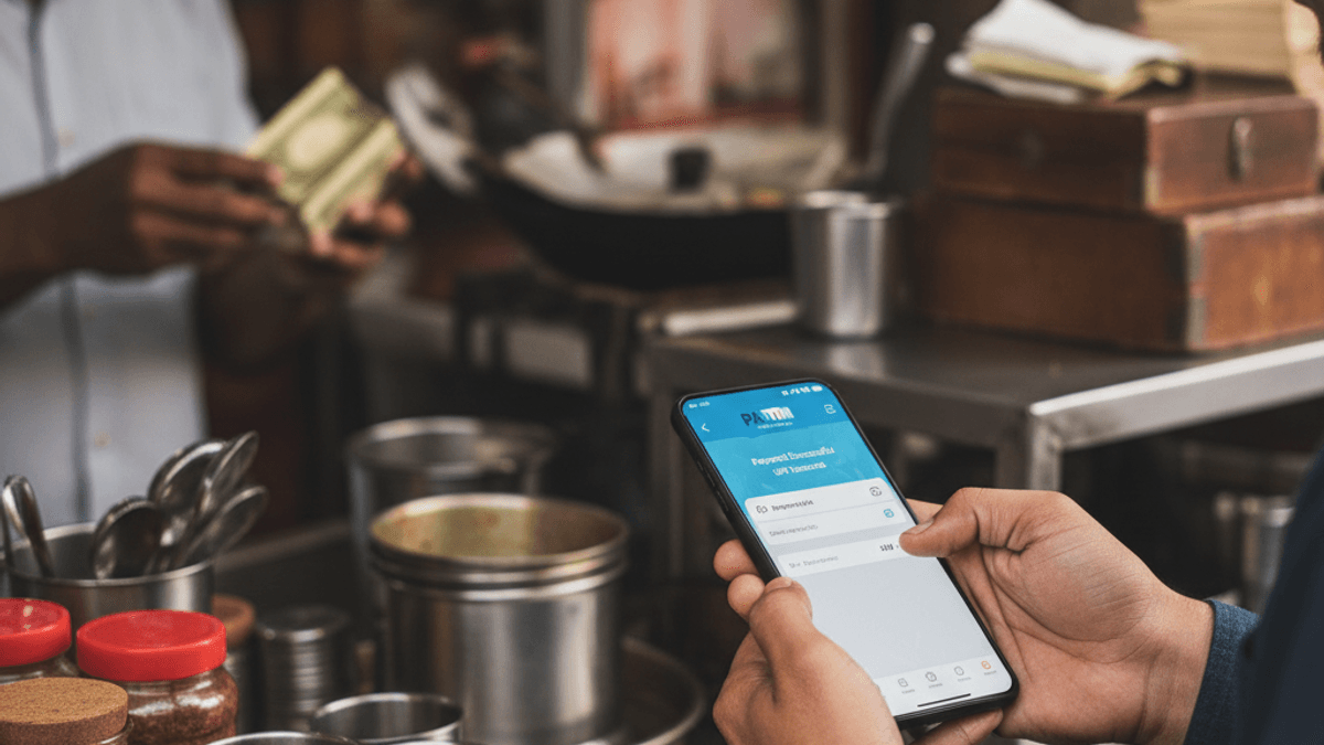 A man's hands hold a smartphone displaying a payment app, with a street vendor counting cash in the background.