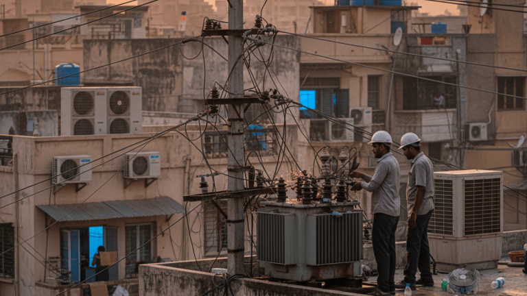 Two utility workers in hard hats tend to a large, weathered power transformer on an urban rooftop at sunset.