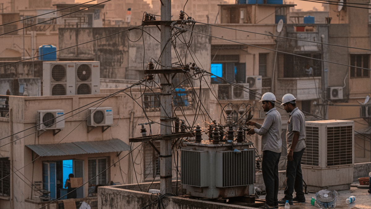 Two utility workers in hard hats tend to a large, weathered power transformer on an urban rooftop at sunset.