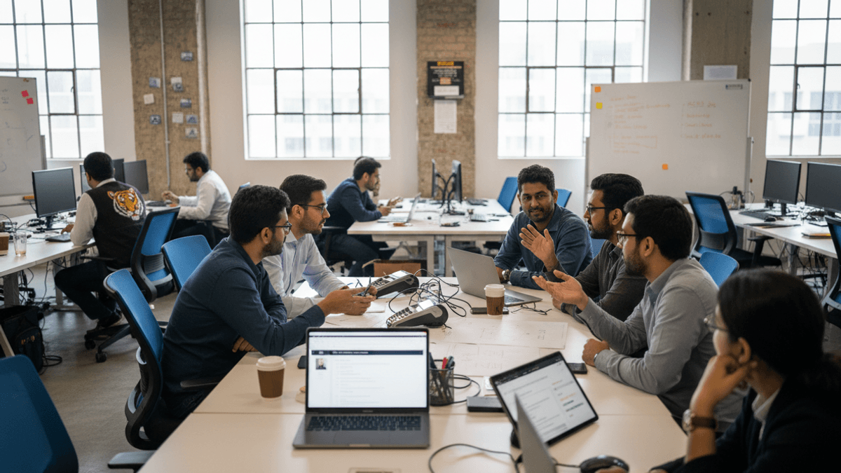 A group of diverse professionals in a lively open-plan office, engaged in discussion around a large table with laptops.