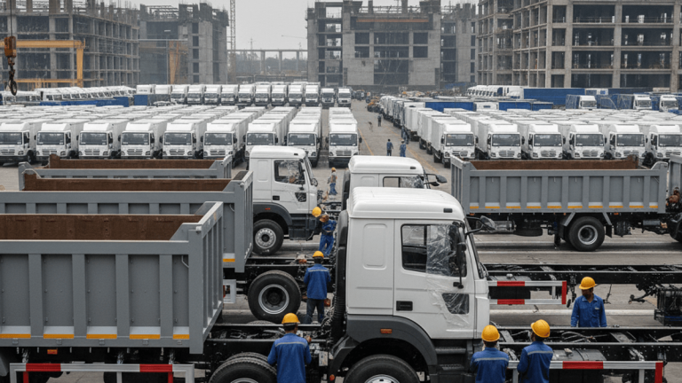 Wide shot of an outdoor commercial vehicle assembly area in India. Workers in blue uniforms and hard hats are visible.