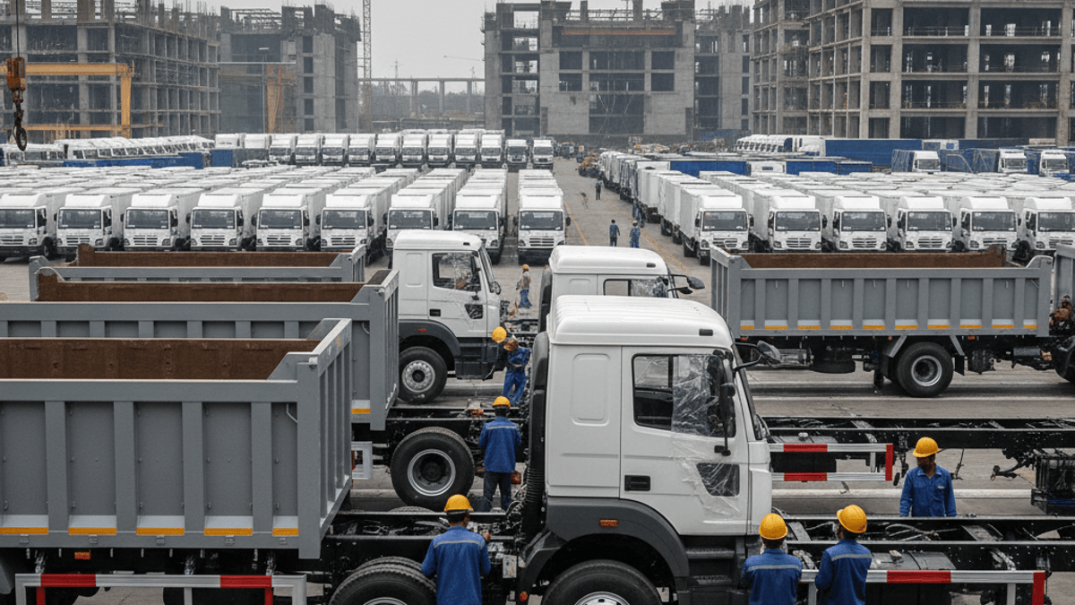 Wide shot of an outdoor commercial vehicle assembly area in India. Workers in blue uniforms and hard hats are visible.