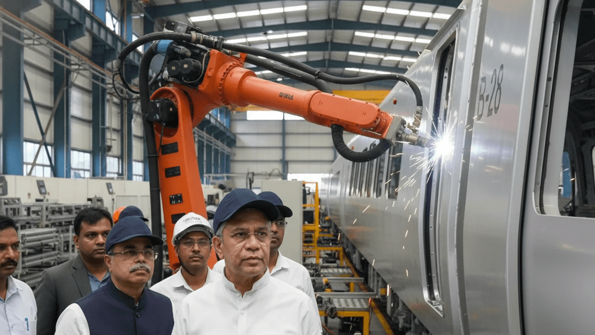 Ashwini Vaishnaw and officials watch a robotic arm welding a bullet train component, sparks flying, in an industrial facility.