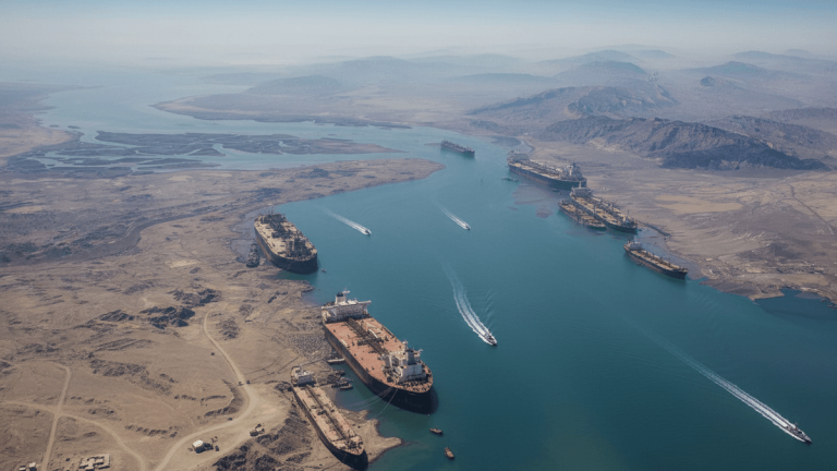 An aerial view shows numerous large cargo ships anchored in a wide strait, surrounded by barren, mountainous land under a hazy sky.