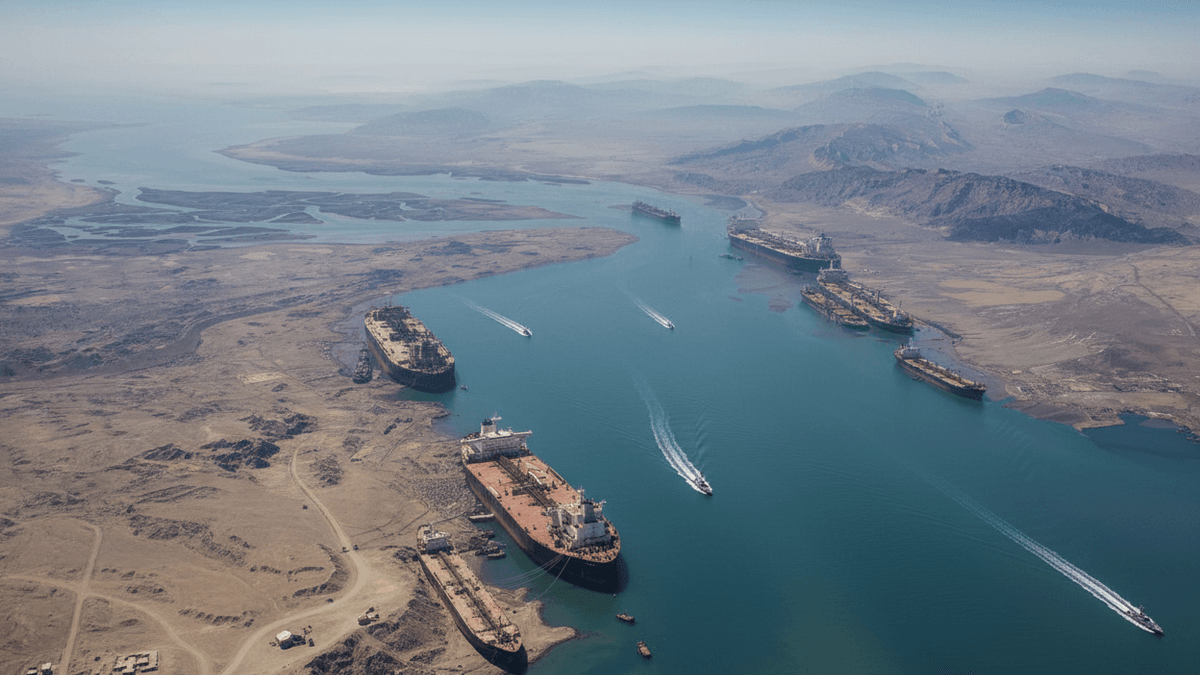 An aerial view shows numerous large cargo ships anchored in a wide strait, surrounded by barren, mountainous land under a hazy sky.