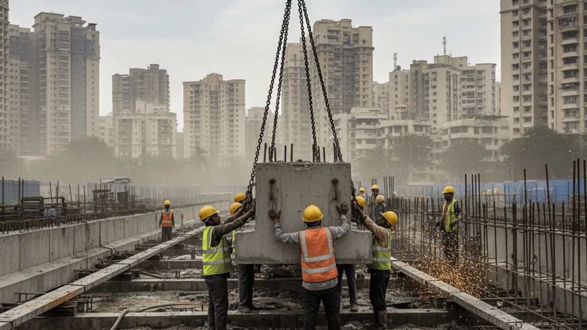 Construction workers in hard hats and safety vests guide a large concrete slab being lowered by a crane onto a metro track.