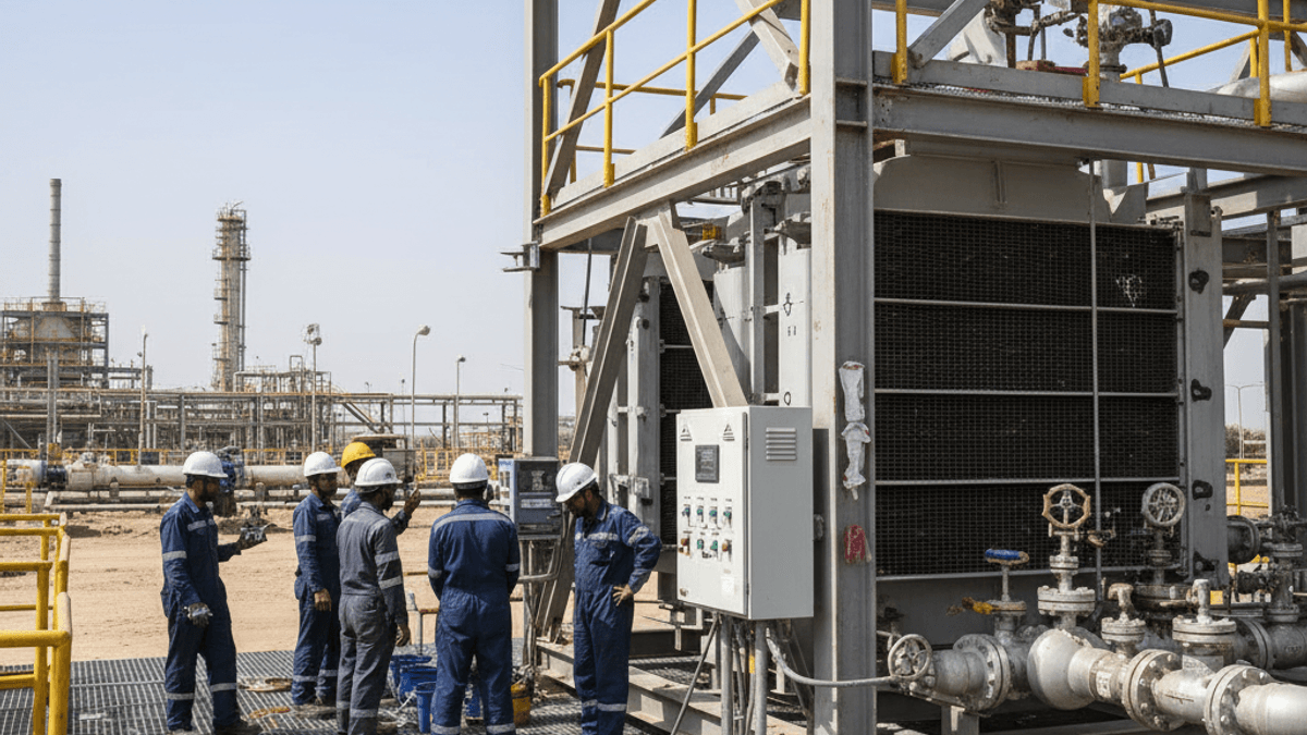A group of engineers in hard hats and jumpsuits inspect machinery at an industrial refinery under a clear sky.