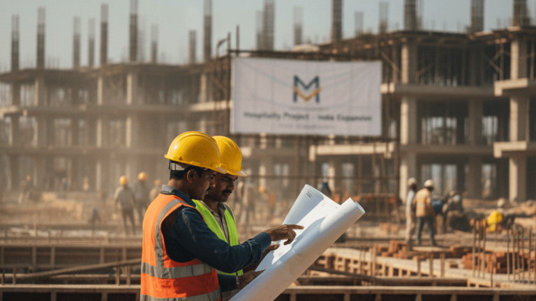 Two Indian construction workers in hard hats and safety vests examine blueprints on a dusty, active construction site.