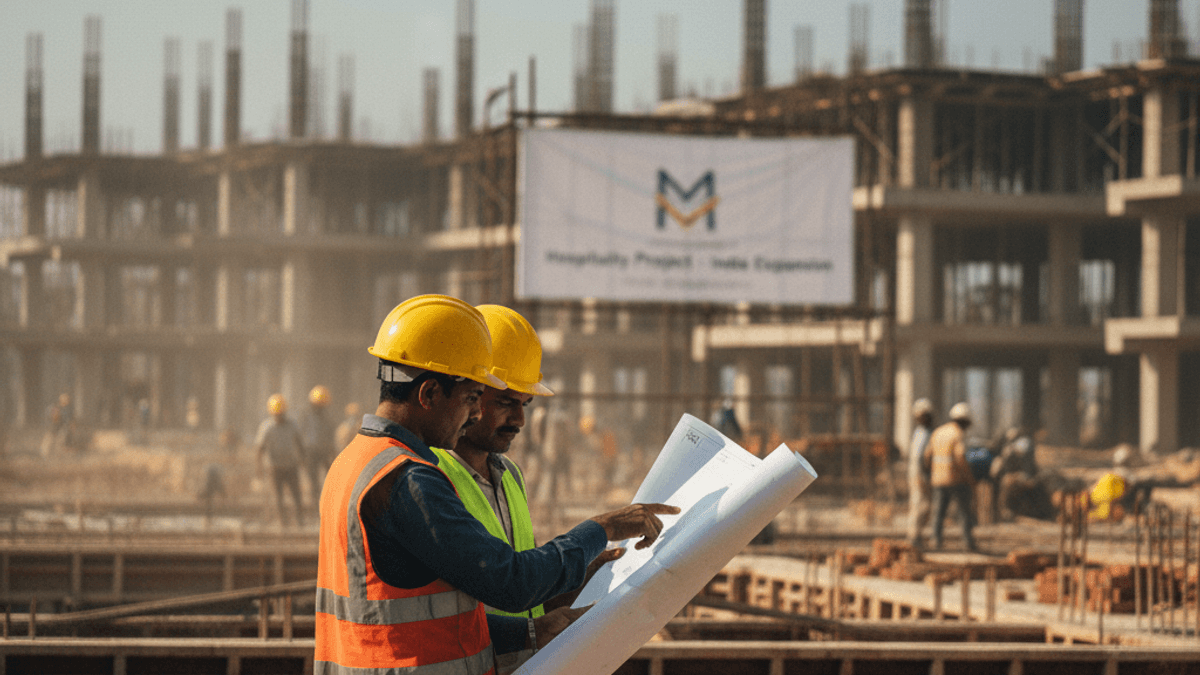 Two Indian construction workers in hard hats and safety vests examine blueprints on a dusty, active construction site.
