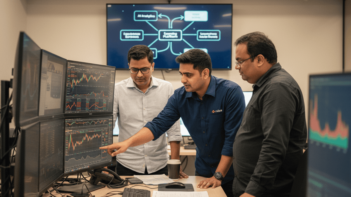 Three male financial professionals intently observing fluctuating stock charts on a bank of monitors, with one pointing at a screen.