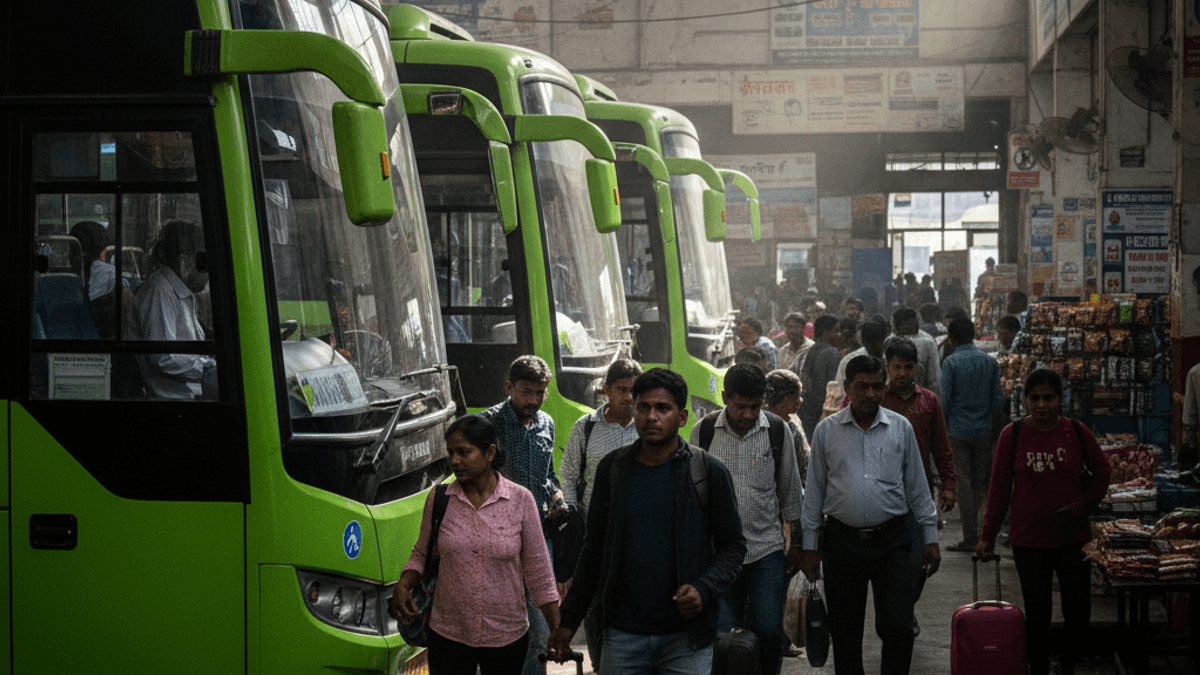 A wide shot captures a bustling Indian bus terminal. Passengers with luggage move between prominent green buses under natural light.