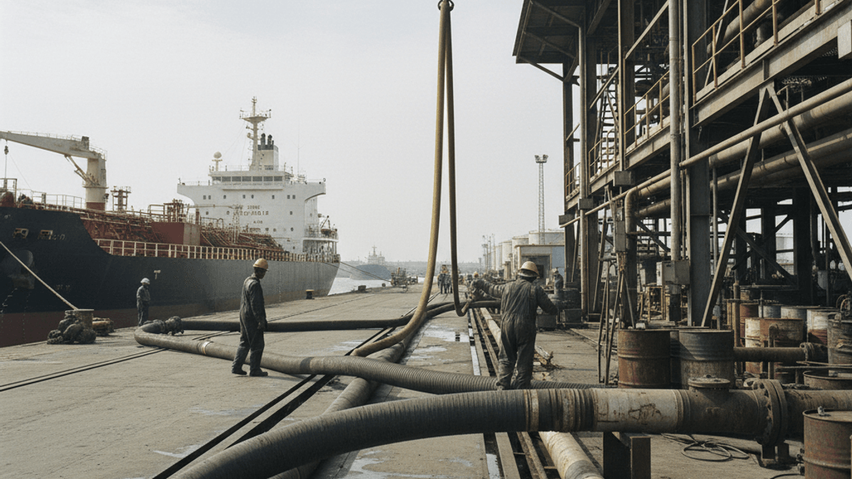Wide shot of an oil terminal with workers, large pipes, industrial structures, and a tanker ship under an overcast sky.
