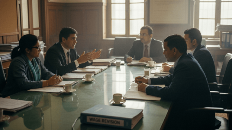 A group of Indian officials in suits and traditional attire sit around a large table, engaged in a discussion.