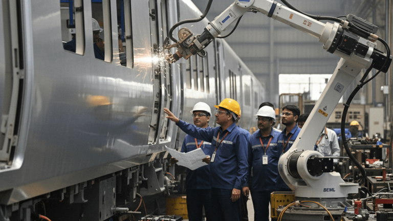 A group of engineers in hard hats observe a robotic arm performing precision welding on a silver train car.