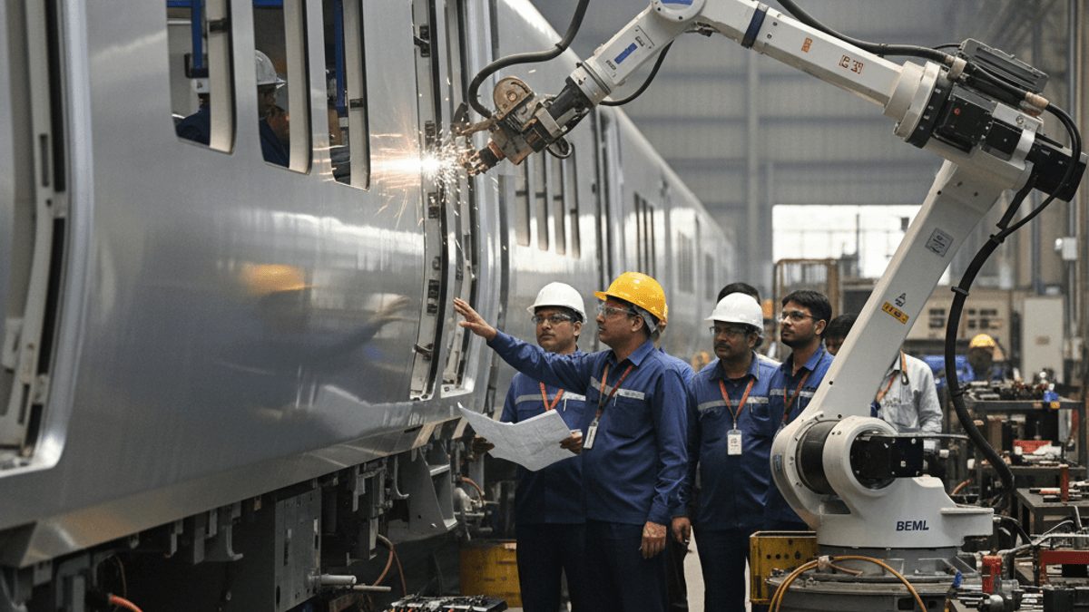A group of engineers in hard hats observe a robotic arm performing precision welding on a silver train car.