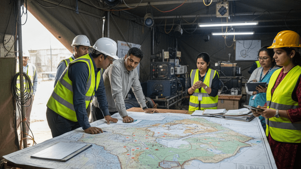 A group of Indian engineers and officials, some in hard hats and safety vests, study a large map spread across a table in a temporary site office.