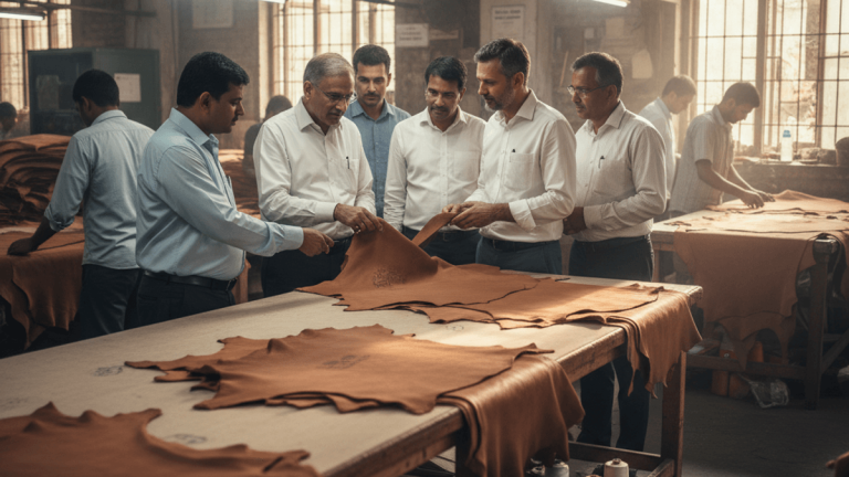 Men in a bustling leather workshop examine hides laid on tables, with natural light streaming through windows.