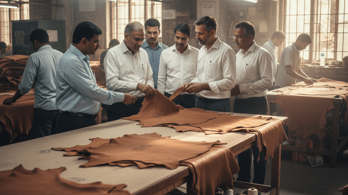 Men in a bustling leather workshop examine hides laid on tables, with natural light streaming through windows.