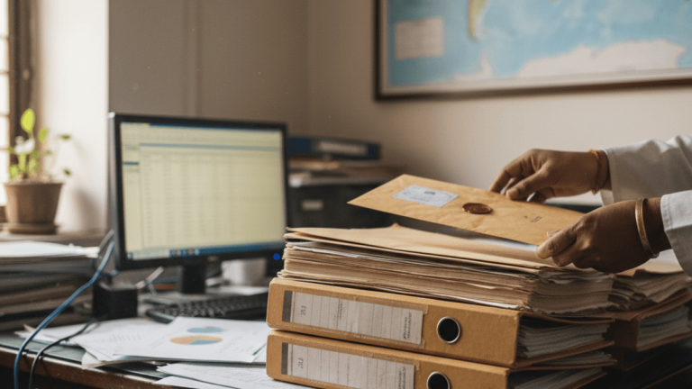 A person in a white shirt handles a stack of manila folders and a sealed envelope on a cluttered desk with a computer monitor and world map.