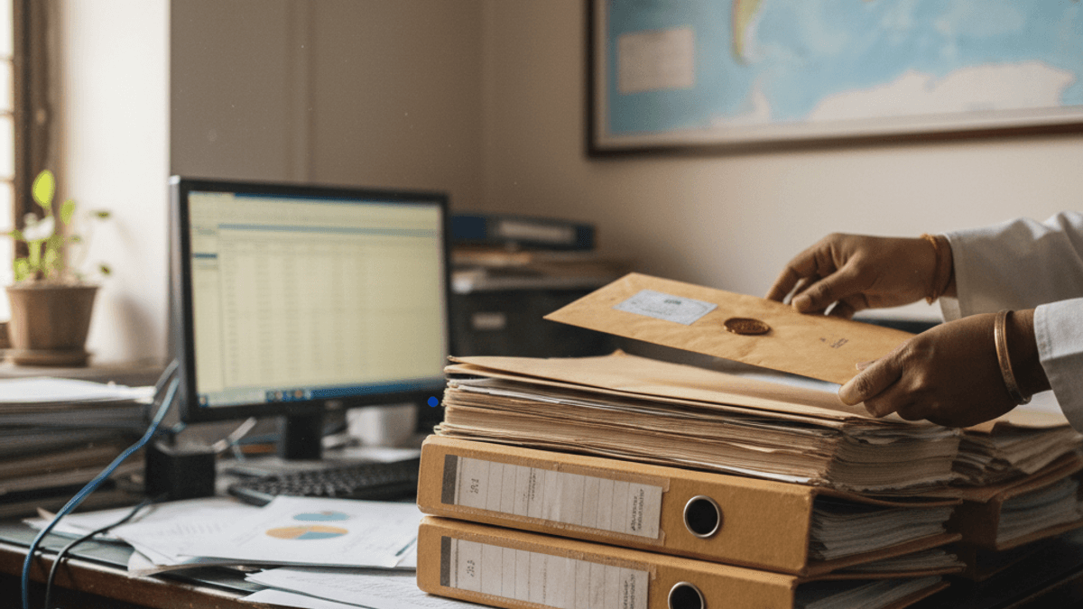 A person in a white shirt handles a stack of manila folders and a sealed envelope on a cluttered desk with a computer monitor and world map.