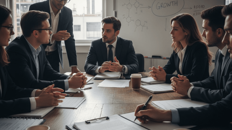 A group of professionals in suits gathered around a large wooden conference table, engaged in a discussion. Papers and coffee cups are scattered on the table. In the background, a whiteboard shows diagrams and equations related to "Growth." An industrial facility with smokestacks is visible through the large window.