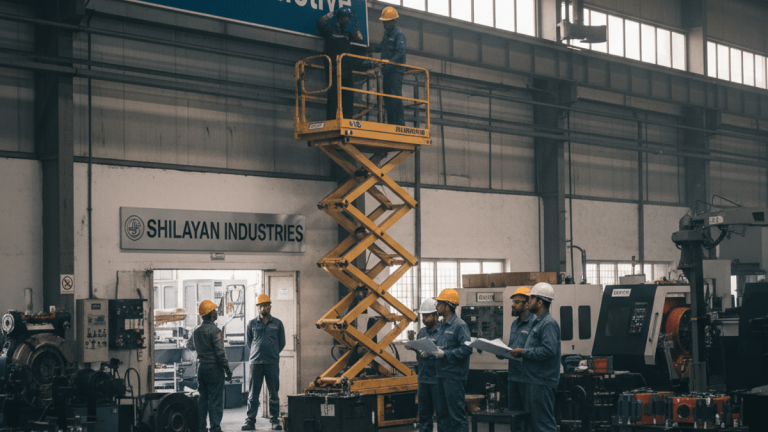 Wide shot of an industrial factory floor where workers are preparing to replace a "Setco Automotive" sign with "Shilayan Industries."