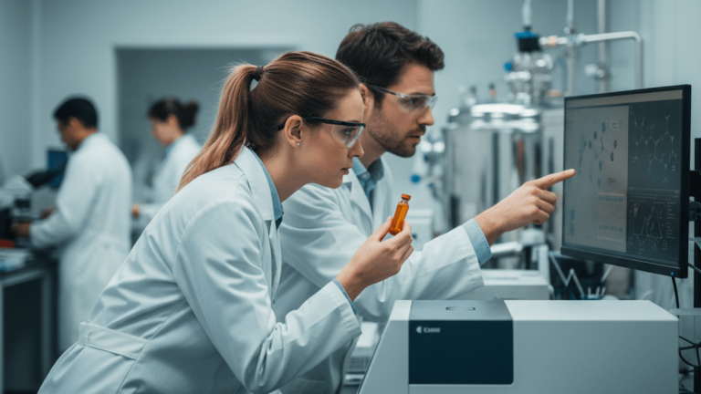 Two scientists in lab coats and safety glasses analyze data on a computer screen and a small vial in a busy lab.