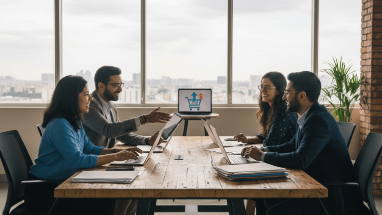 Four smiling business professionals, two men and two women, working at a long wooden table in a bright, modern office with a city view.