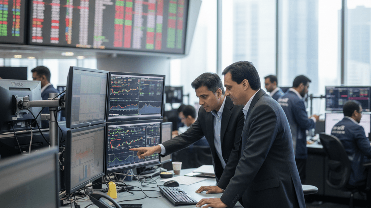 Two men in suits intently looking at complex financial charts on computer monitors in a busy trading room.