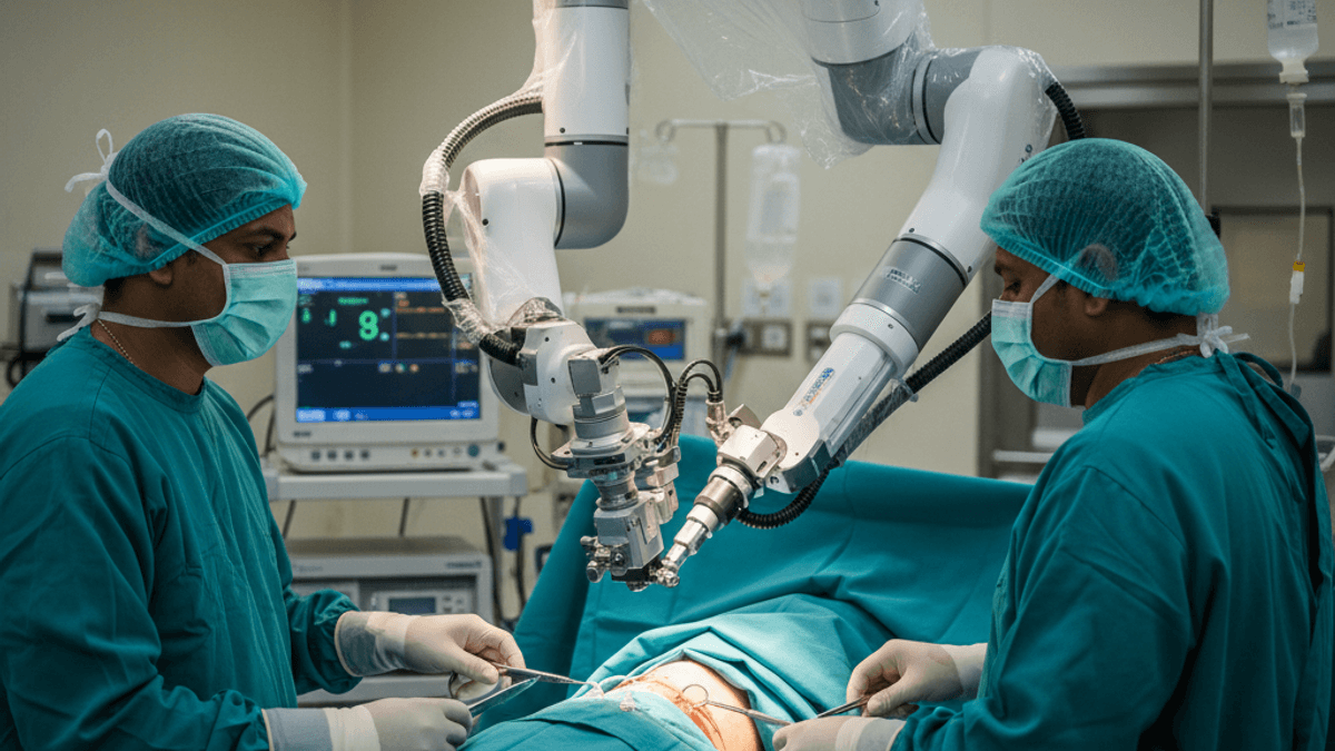 Two surgeons in green scrubs and masks operate on a patient, aided by a robotic surgical arm, in a brightly lit operating room.