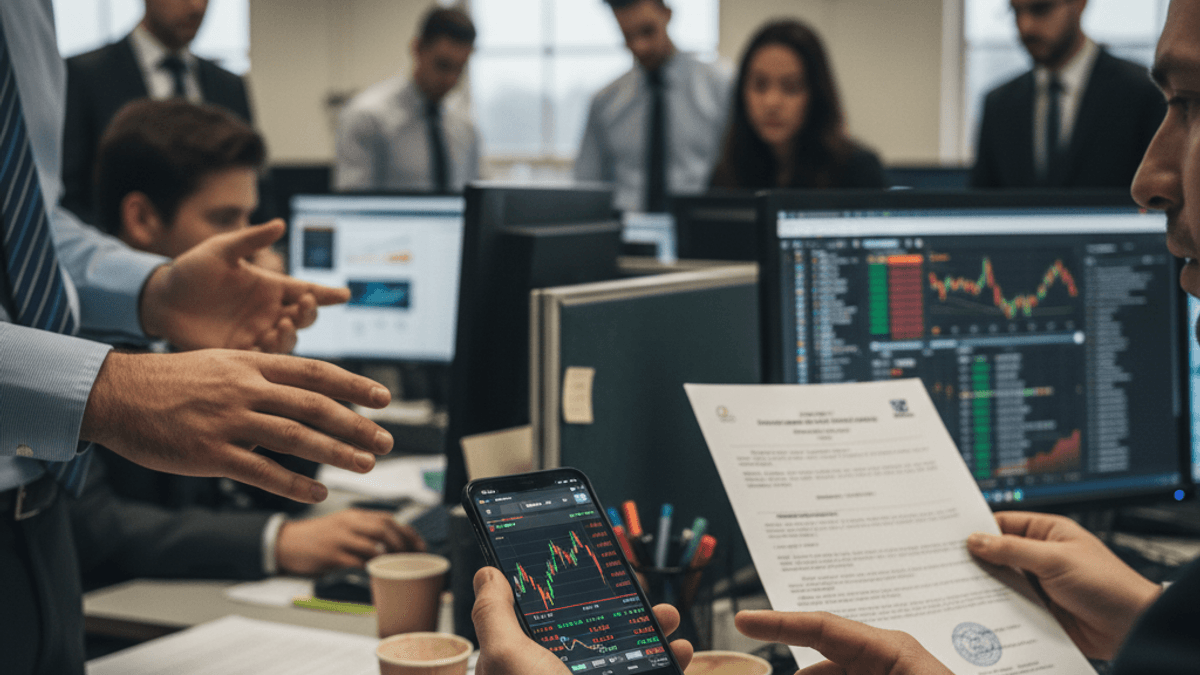 A high-angle, mid-shot photograph of a busy trading floor, with multiple traders in suits actively working at their desks.