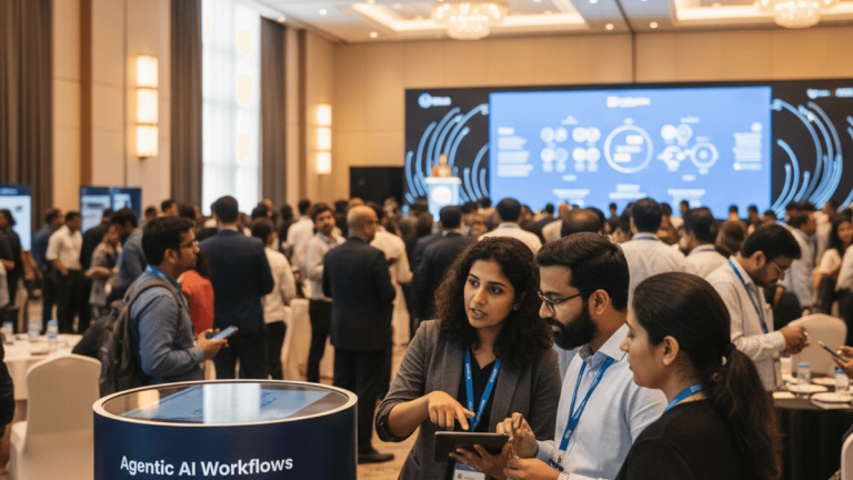 A group of Indian professionals engaged in discussion around a display about AI workflows at a crowded conference.