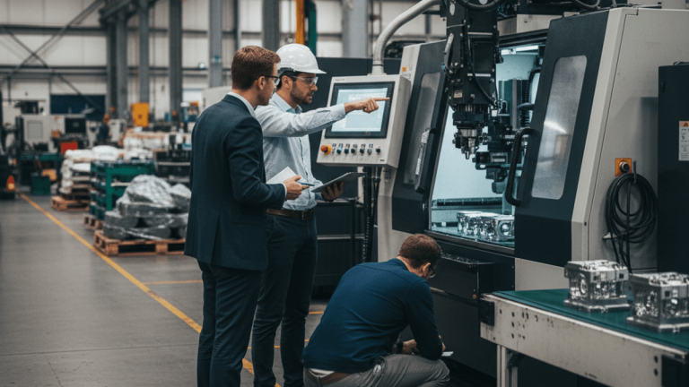 Three men in a factory, one pointing at machinery, another crouching. Industrial setting with equipment and parts.