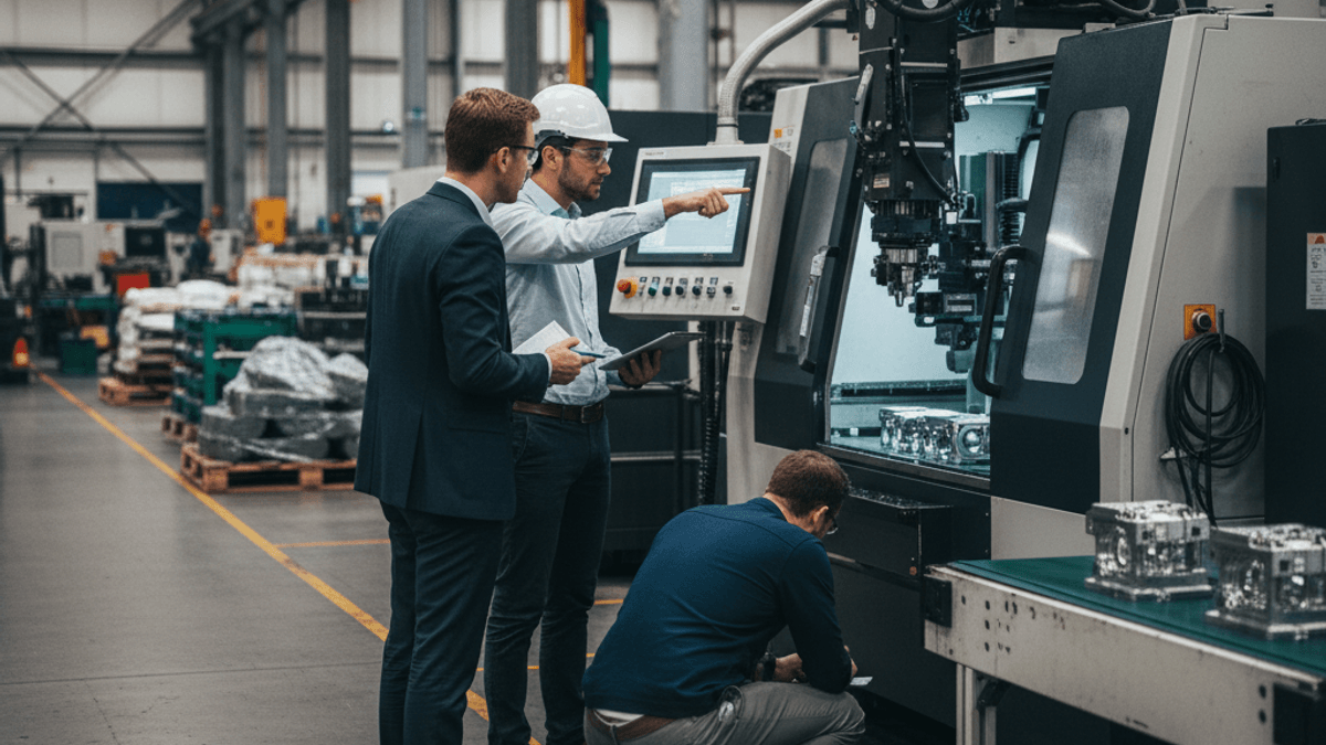 Three men in a factory, one pointing at machinery, another crouching. Industrial setting with equipment and parts.