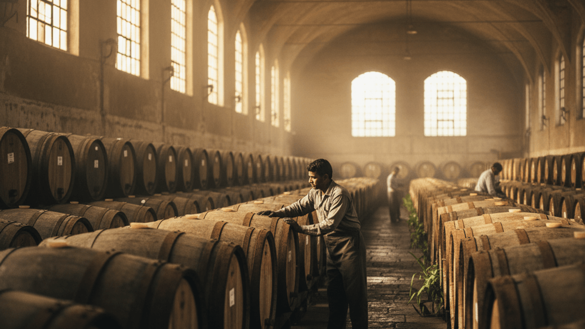 A man in work clothes gently touches a large wooden whisky barrel, surrounded by rows of similar barrels in a vast, sunlit distillery.