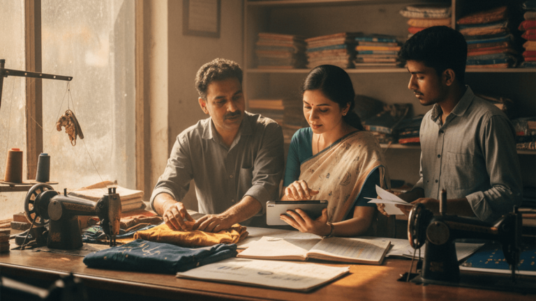 A family in a textile workshop, reviewing documents and a tablet, surrounded by sewing machines and fabric.