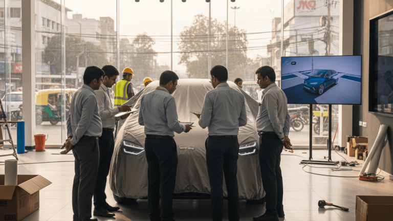 A group of JSW Motors employees, some in uniform shirts, stand around a car covered by a sheet inside a bright, new showroom.